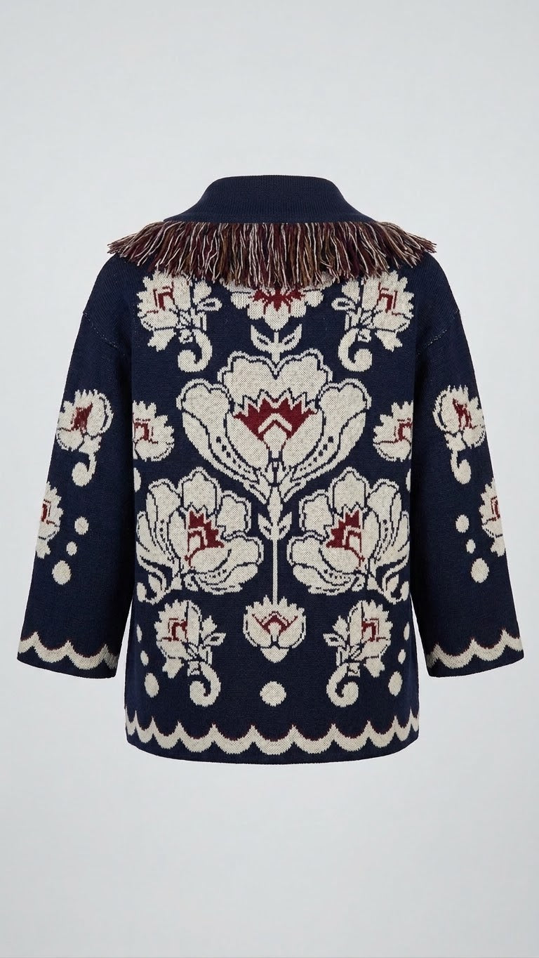 FIORE - Knitted Jacquard Cardigan (Navy)