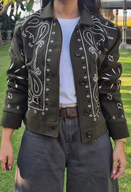 DIXIE - Embroidered Bandana Short Jacket (Olive)