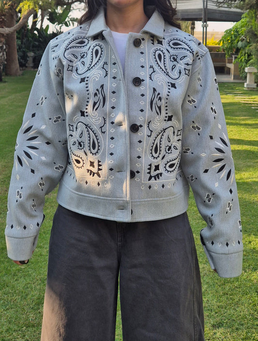 DIXIE - Embroidered Bandana Short Jacket (Grey)