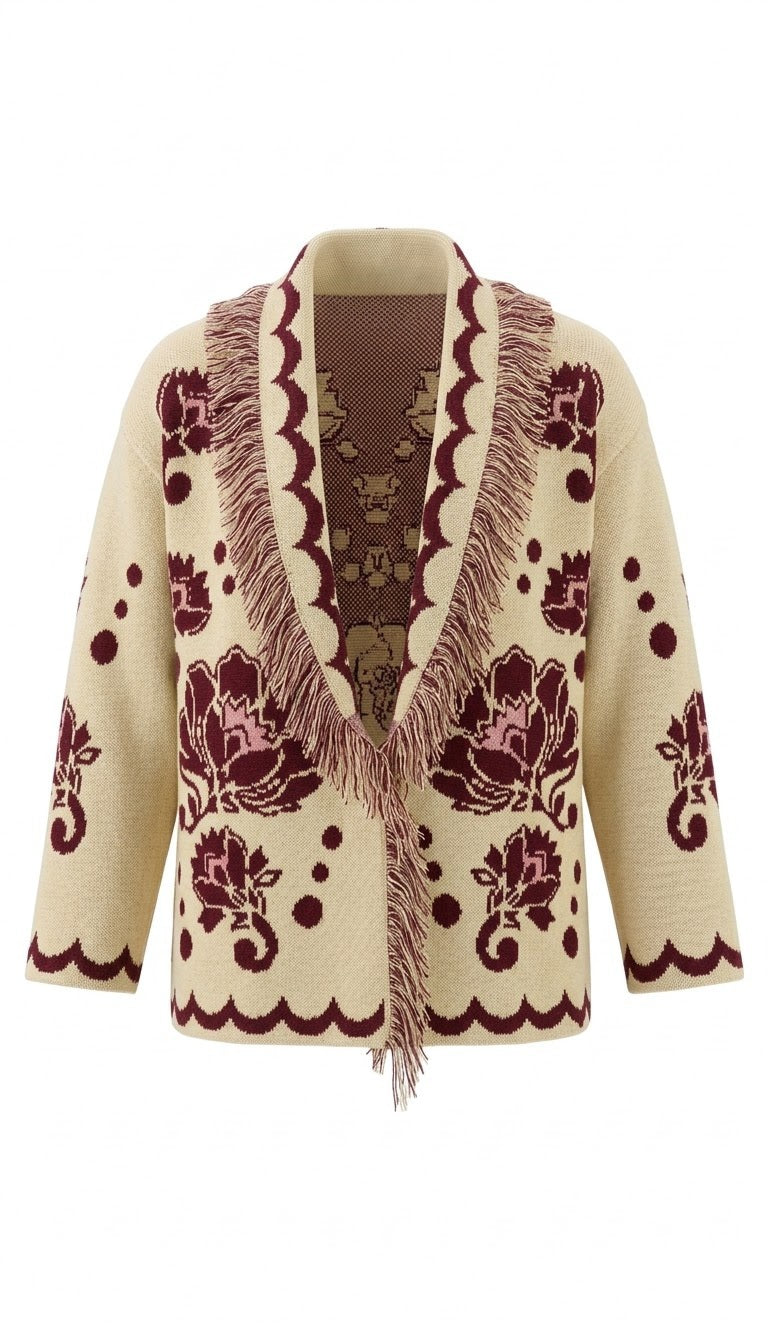 FIORE - Knitted Jacquard Cardigan (Beige)