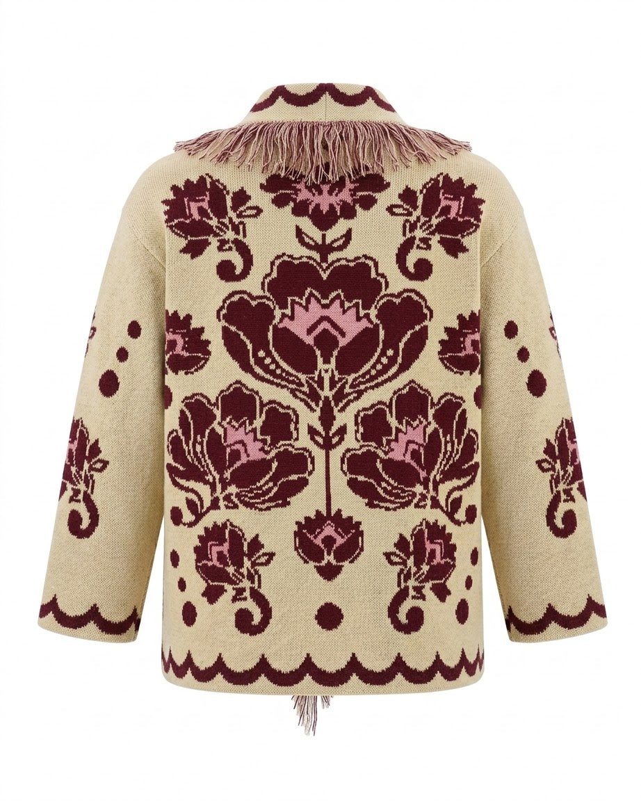 FIORE - Knitted Jacquard Cardigan (Beige)