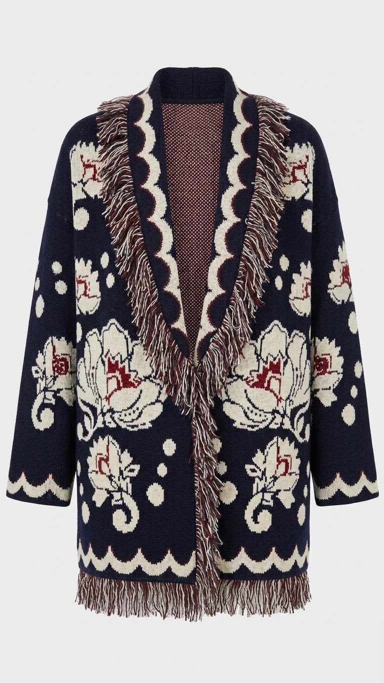 FIORE - Knitted Jacquard Cardigan (Navy)